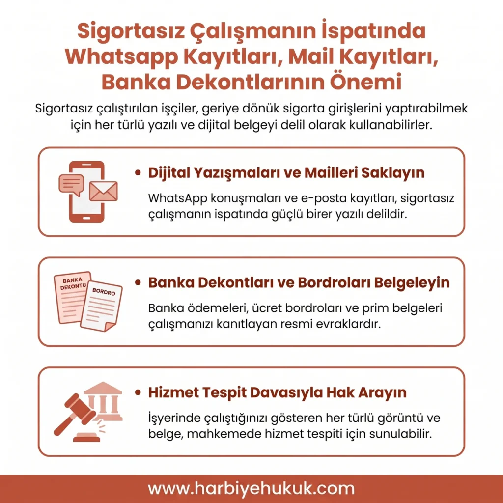 Sigortasız Çalışmanın İspatında Whatsapp Kayıtları, Mail Kayıtları, Banka Dekontlarının Önemi