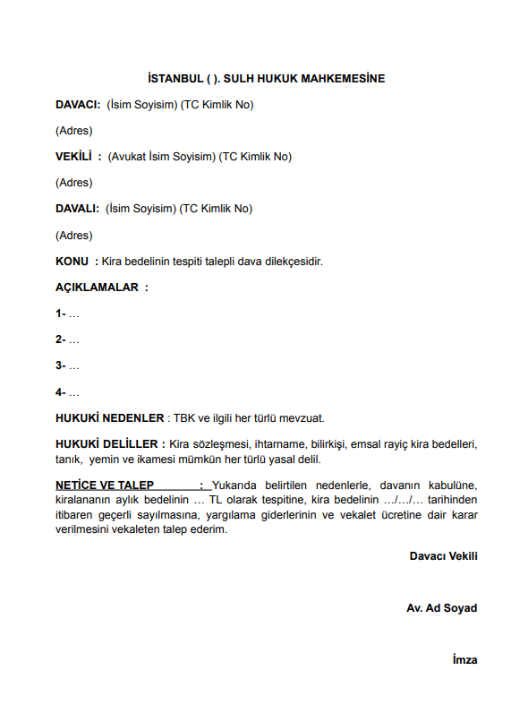 kira tespit davası dilekçe örneği