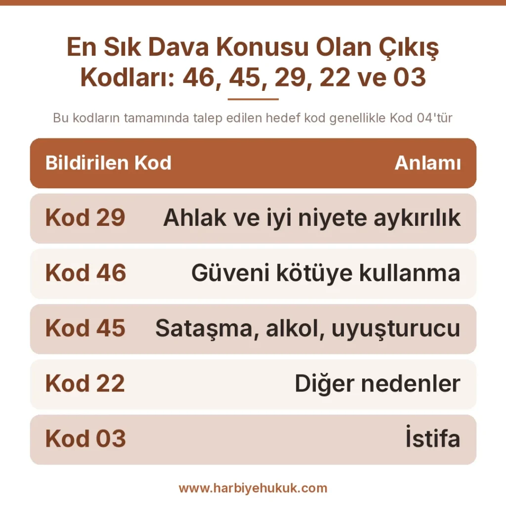 En Sık Dava Konusu Olan Çıkış Kodları: 46, 45, 29, 22 ve 03