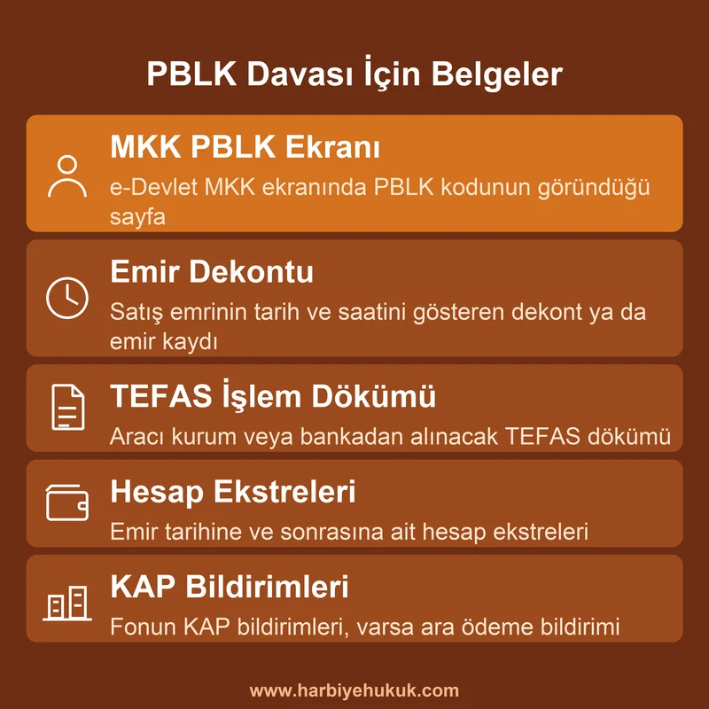 PBLK davası için gerekli belgeler: MKK ekranı, emir dekontu, TEFAS dökümü, hesap ekstresi, KAP bildirimi